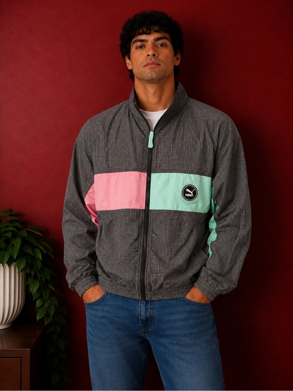 Puma Men's Gray Colorblock Track Jacket with Pink & Mint Panels